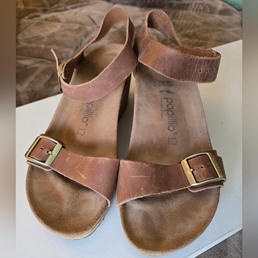 Papillio by Birkenstock Soley Oiled Leather Cognac 41 10M Cork Wedge Sandals